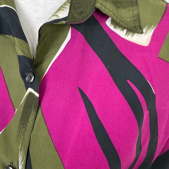 Rafaella Vintage Olive Green & Fuchsia Palm Print Short Sleeve Button Up Blouse - Picture 8 of 9